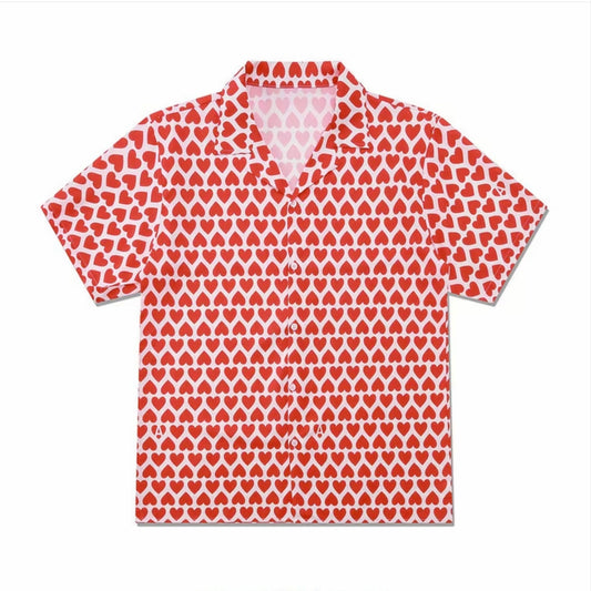 Red‑White Heart Print Cuban Collar Men’s Short‑Sleeve Shirt