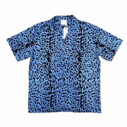 Blue Leopard Print Cuban Collar Men’s Short‑Sleeve Shirt