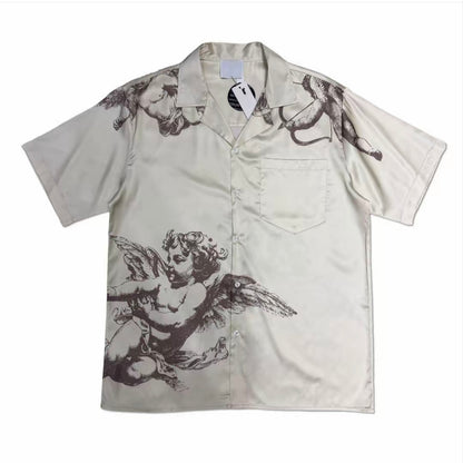 Light‑Gray Angel Print Cuban Collar Men’s Short‑Sleeve Shirt