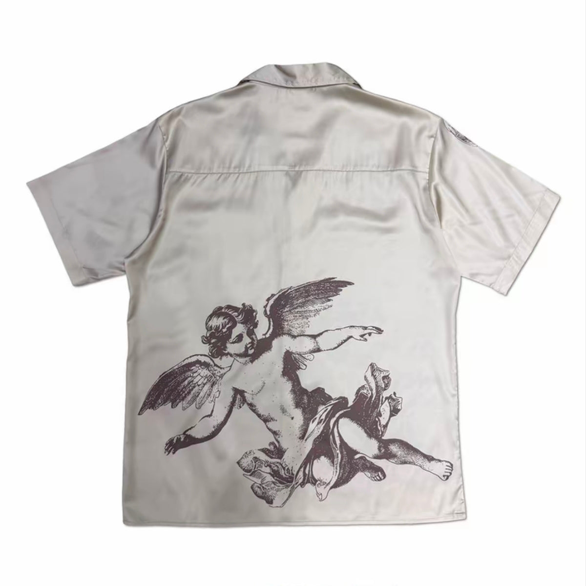 Light‑Gray Angel Print Cuban Collar Men’s Short‑Sleeve Shirt