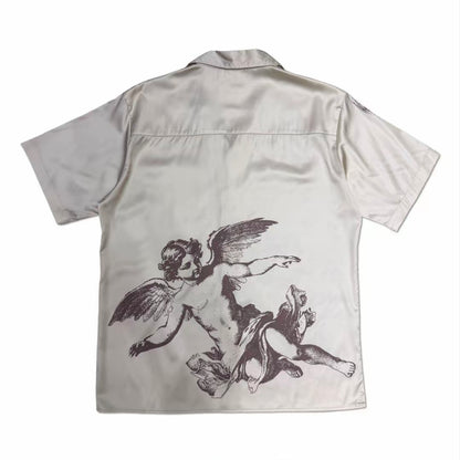 Light‑Gray Angel Print Cuban Collar Men’s Short‑Sleeve Shirt