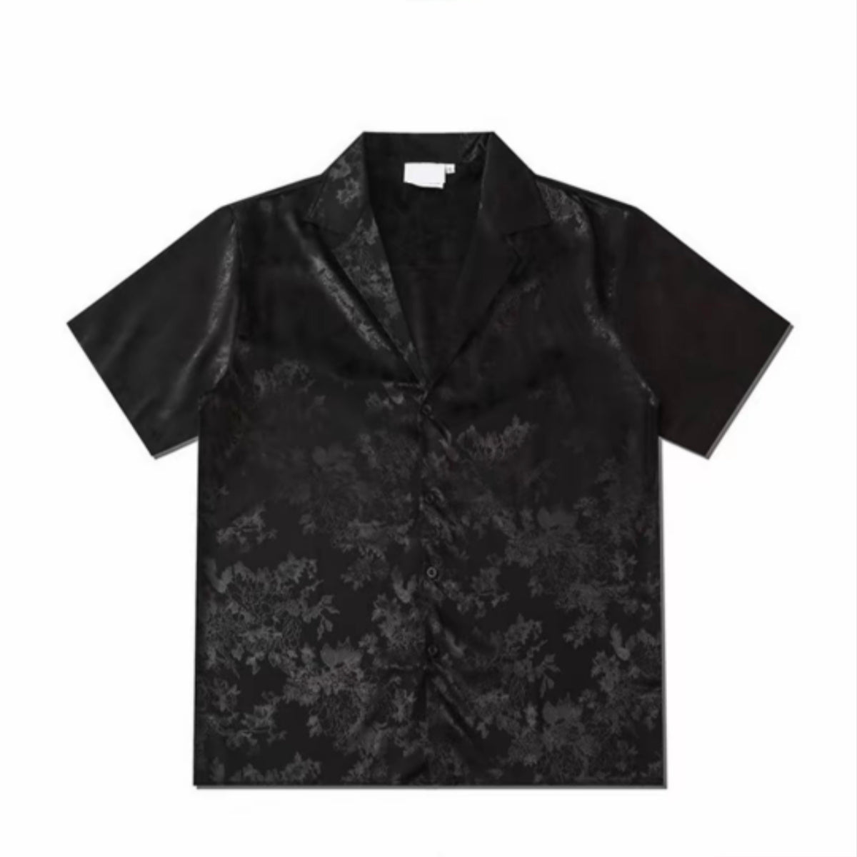 Black Dark Floral Jacquard Cuban Collar Men’s Short‑Sleeve Shirt