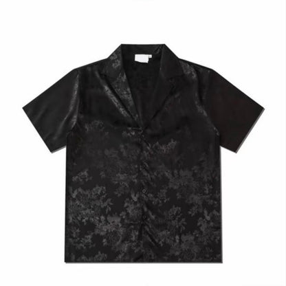 Black Dark Floral Jacquard Cuban Collar Men’s Short‑Sleeve Shirt