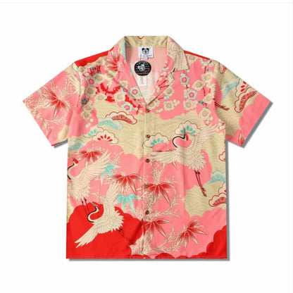 Pink Crane Ukiyo‑e Cuban Collar Men’s Short‑Sleeve Shirt
