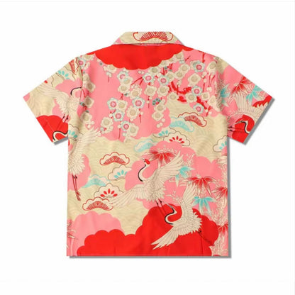 Pink Crane Ukiyo‑e Cuban Collar Men’s Short‑Sleeve Shirt
