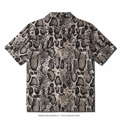 Snake‑Skin Print Cuban Collar Men’s Short‑Sleeve Shirt