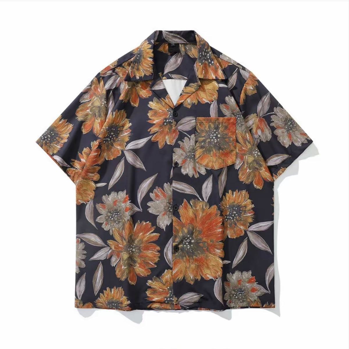 Dark‑base Sunflower Floral Men’s Cuban Collar Shirt
