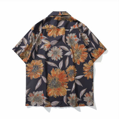 Dark‑base Sunflower Floral Men’s Cuban Collar Shirt