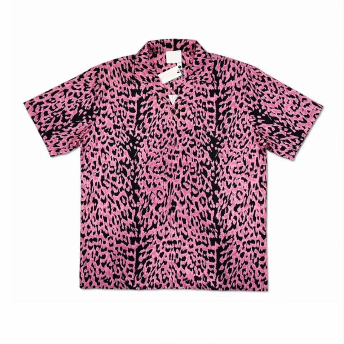 Pink‑Black Leopard Print Men’s Cuban Collar Shirt
