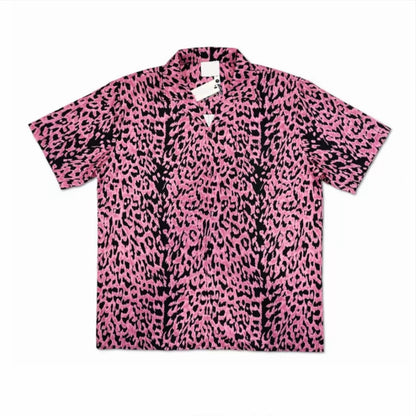 Pink‑Black Leopard Print Men’s Cuban Collar Shirt