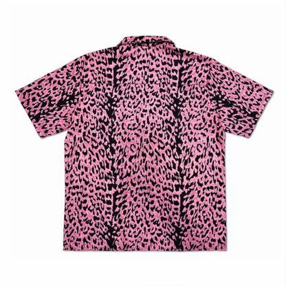 Pink‑Black Leopard Print Men’s Cuban Collar Shirt