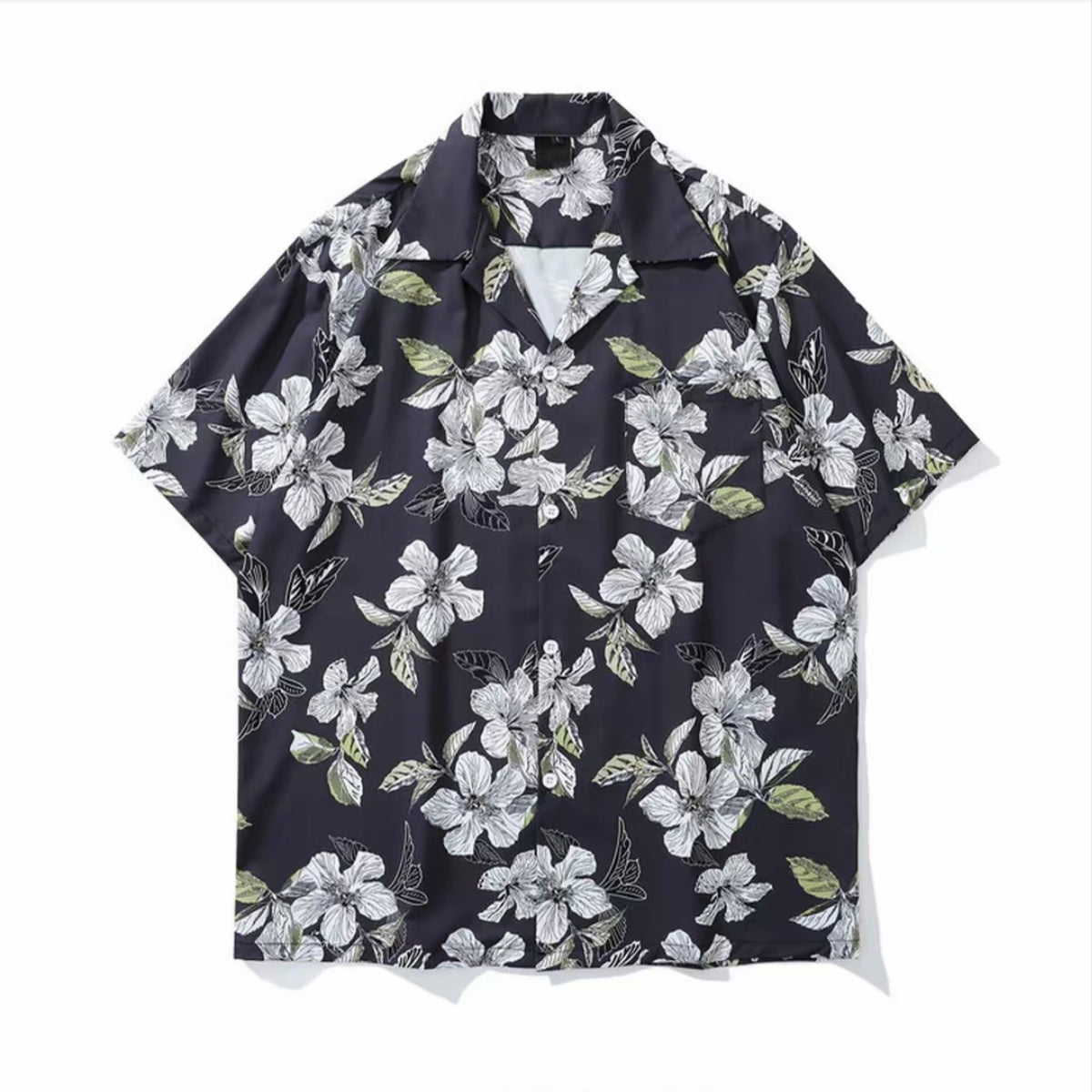 Dark Navy White Floral Men’s Cuban Collar Shirt