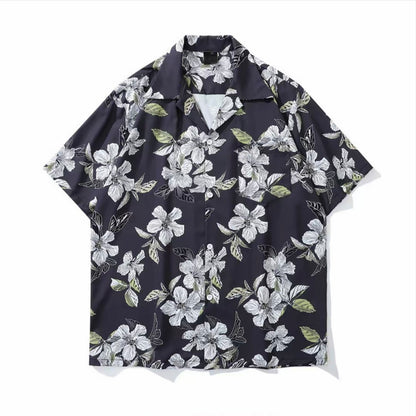 Dark Navy White Floral Men’s Cuban Collar Shirt