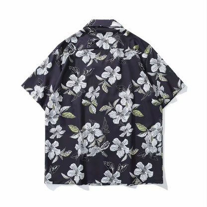 Dark Navy White Floral Men’s Cuban Collar Shirt