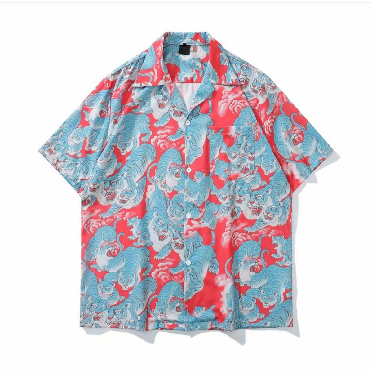 Red‑Blue Tiger Art Print Men’s Cuban Collar Shirt