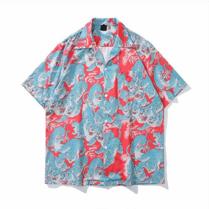 Red‑Blue Tiger Art Print Men’s Cuban Collar Shirt