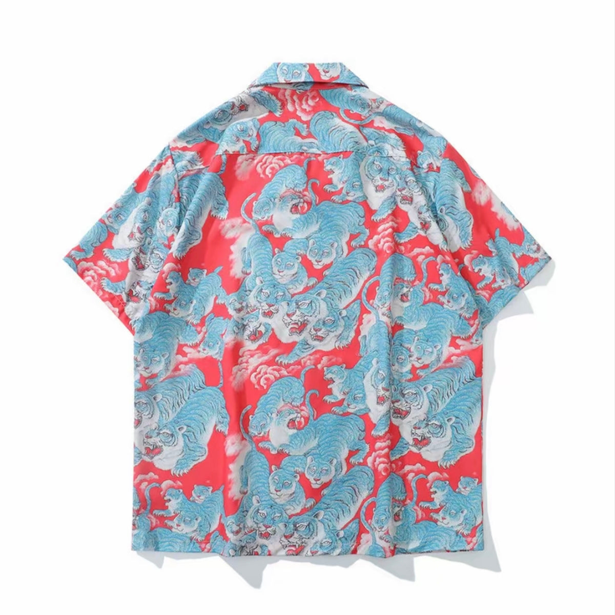 Red‑Blue Tiger Art Print Men’s Cuban Collar Shirt