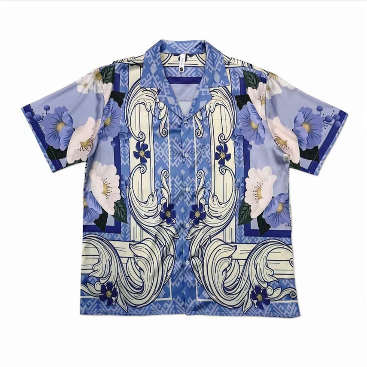Blue‑Purple Baroque Floral Men’s Cuban Collar Shirt