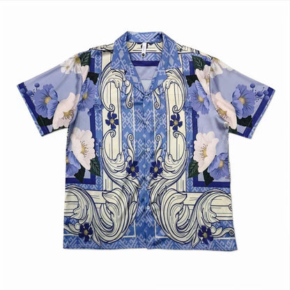 Blue‑Purple Baroque Floral Men’s Cuban Collar Shirt
