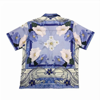 Blue‑Purple Baroque Floral Men’s Cuban Collar Shirt