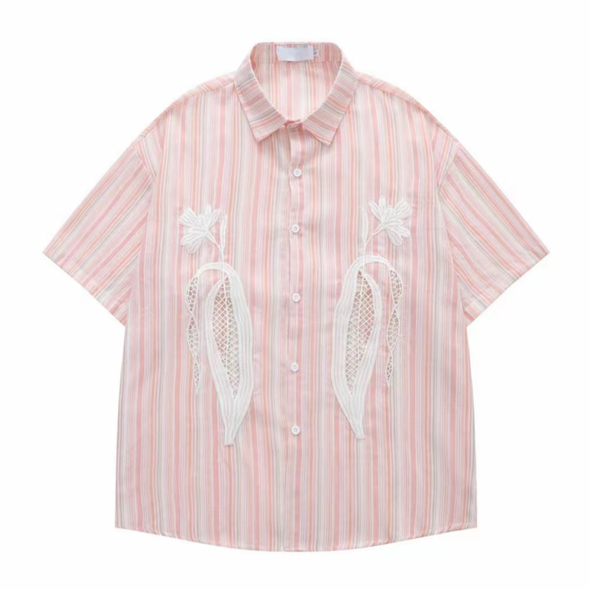 Pink‑White Stripe Hollow‑Out Embroidery Men’s Short‑Sleeve Shirt