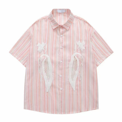 Pink‑White Stripe Hollow‑Out Embroidery Men’s Short‑Sleeve Shirt