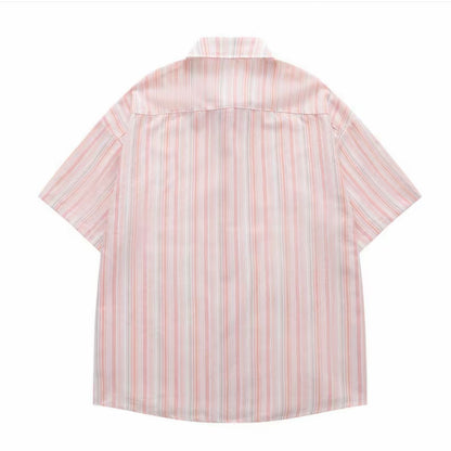Pink‑White Stripe Hollow‑Out Embroidery Men’s Short‑Sleeve Shirt