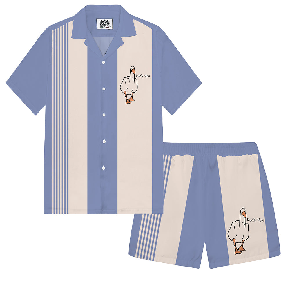 Blue Funny Duck Middle Finger Graphic Elastic Waistband Summer Casual Shorts