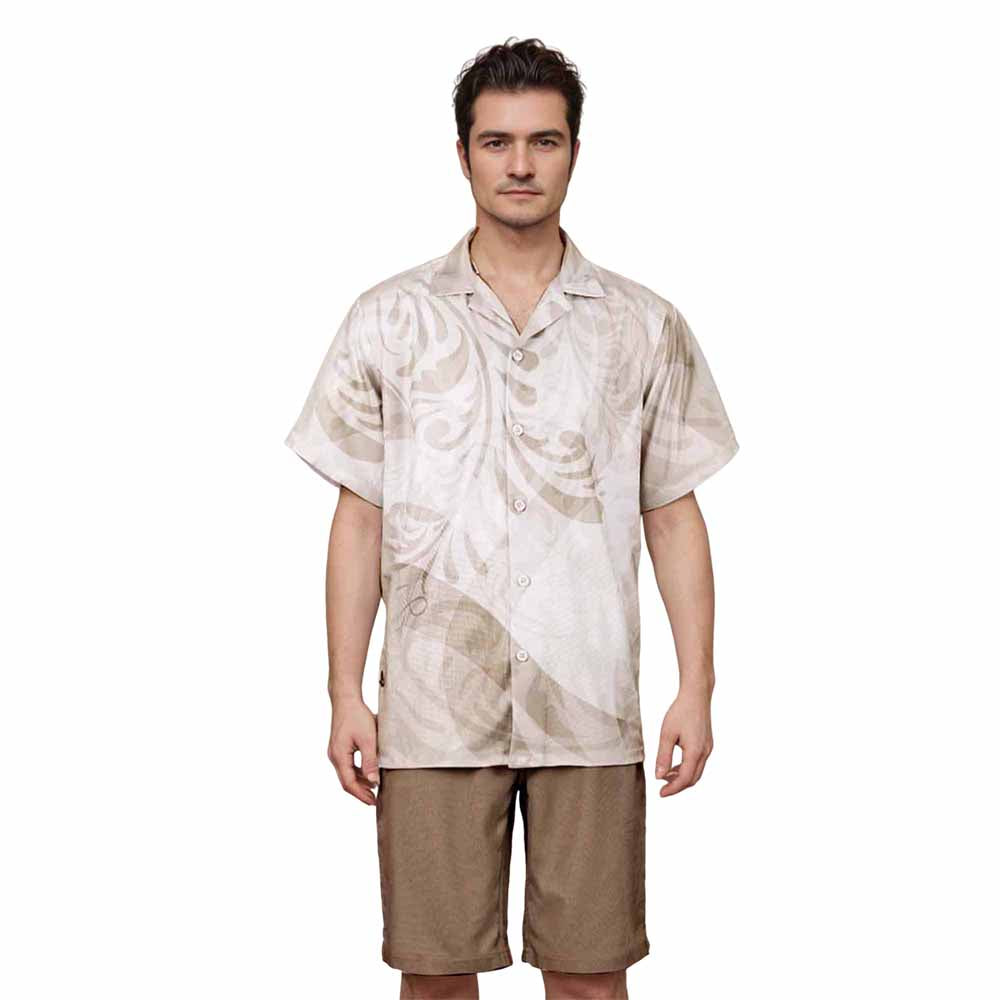 Light Brown On White Polynesian Camp Collar Short Sleeve Shirt