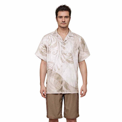 Light Brown On White Polynesian Camp Collar Short Sleeve Shirt