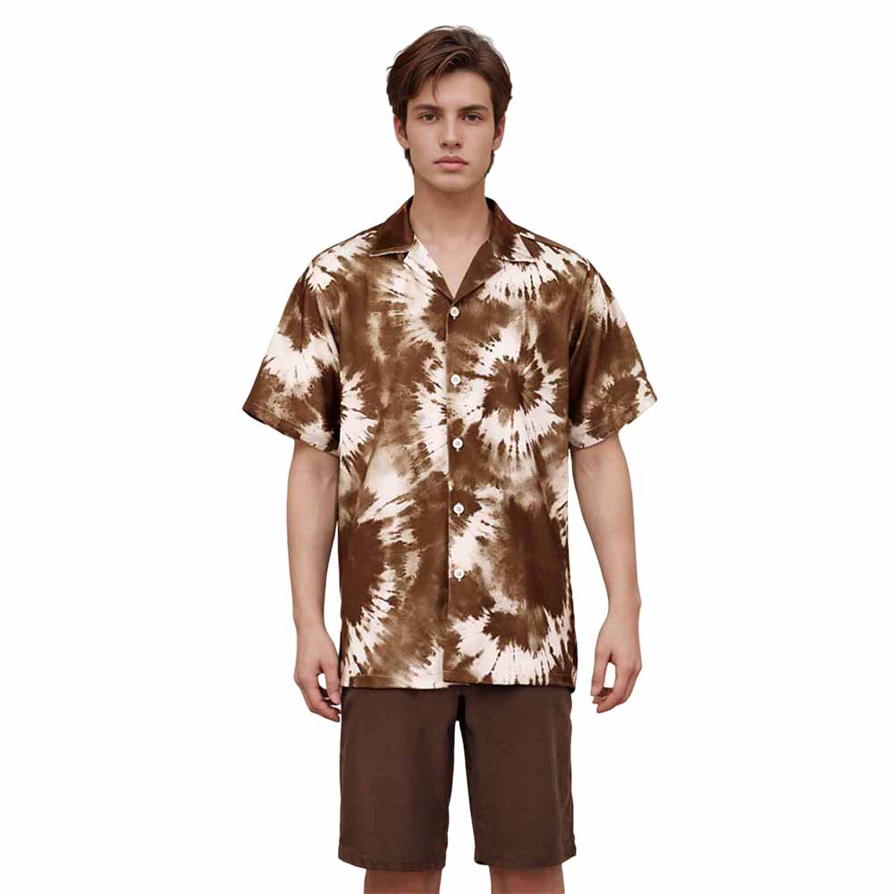 Brown Tie-Dye Camp Collar Short Sleeve Shirt