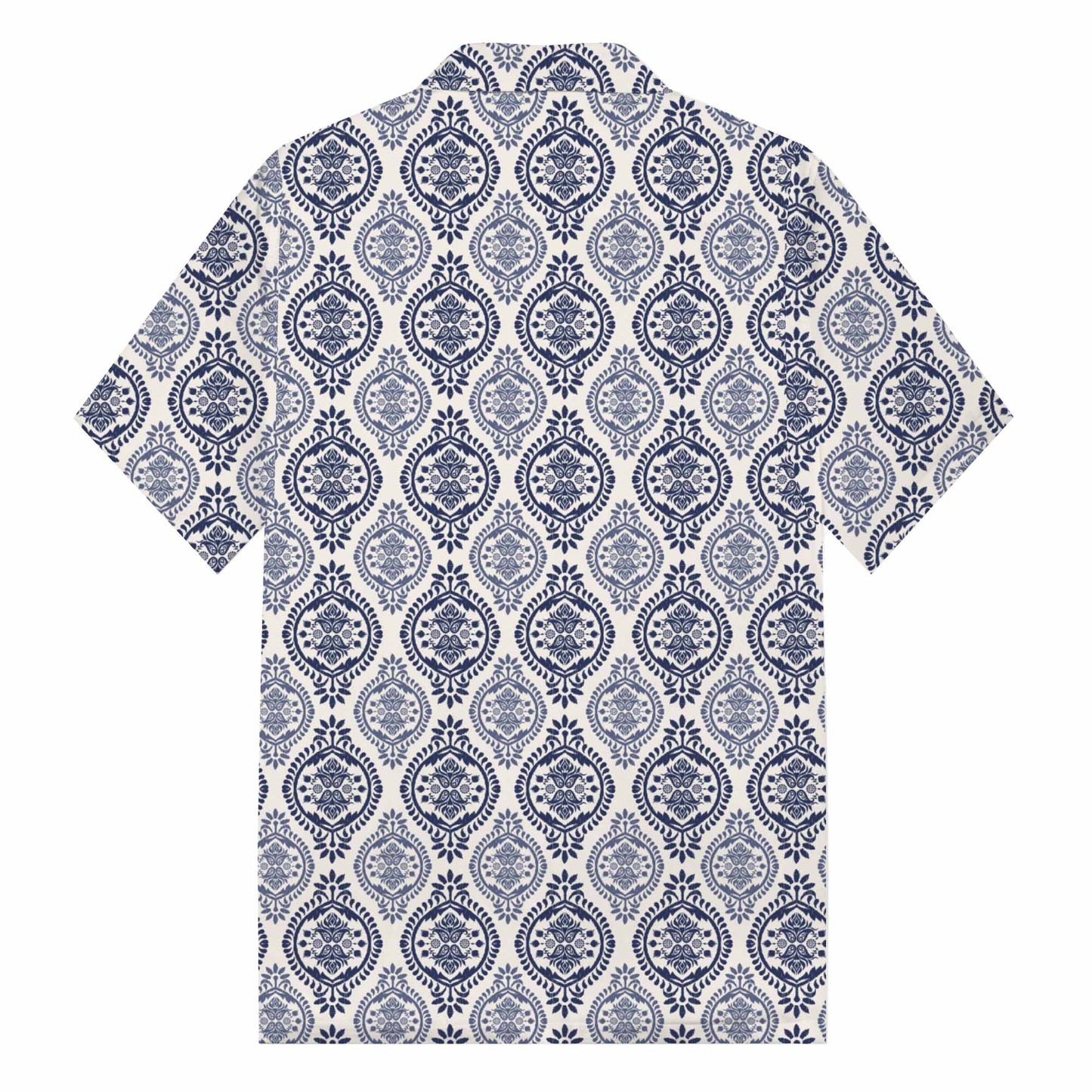 Blue And White Porcelain Pattern Camp Collar Short-Sleeved Shirt
