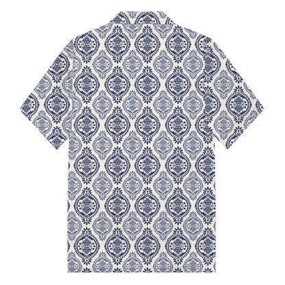 Blue And White Porcelain Pattern Camp Collar Short-Sleeved Shirt