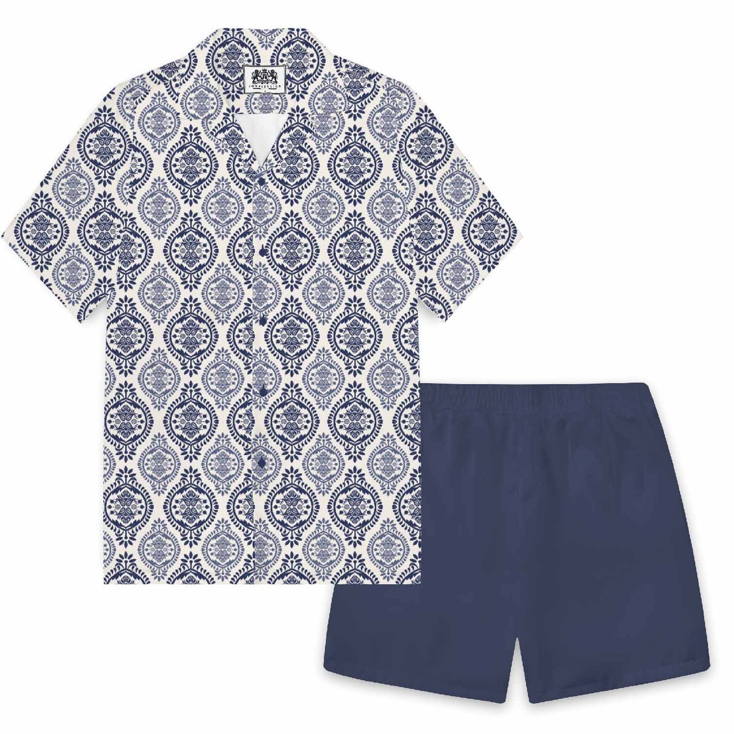 Blue And White Porcelain Pattern Elastic Waistband Summer Casual Shorts