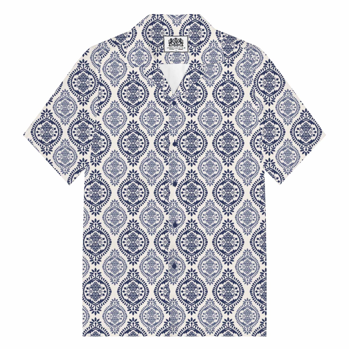Blue And White Porcelain Pattern Camp Collar Short-Sleeved Shirt
