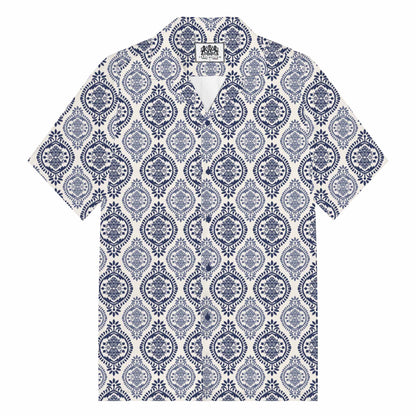 Blue And White Porcelain Pattern Camp Collar Short-Sleeved Shirt