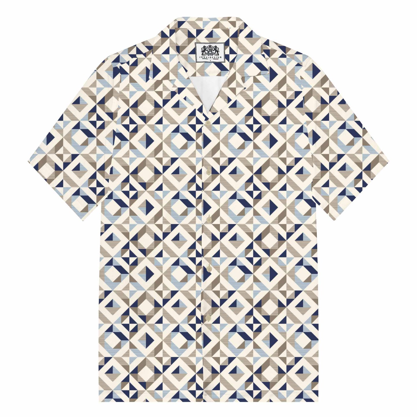 Geometric Square Print Camp Collar Short-Sleeved Shirt