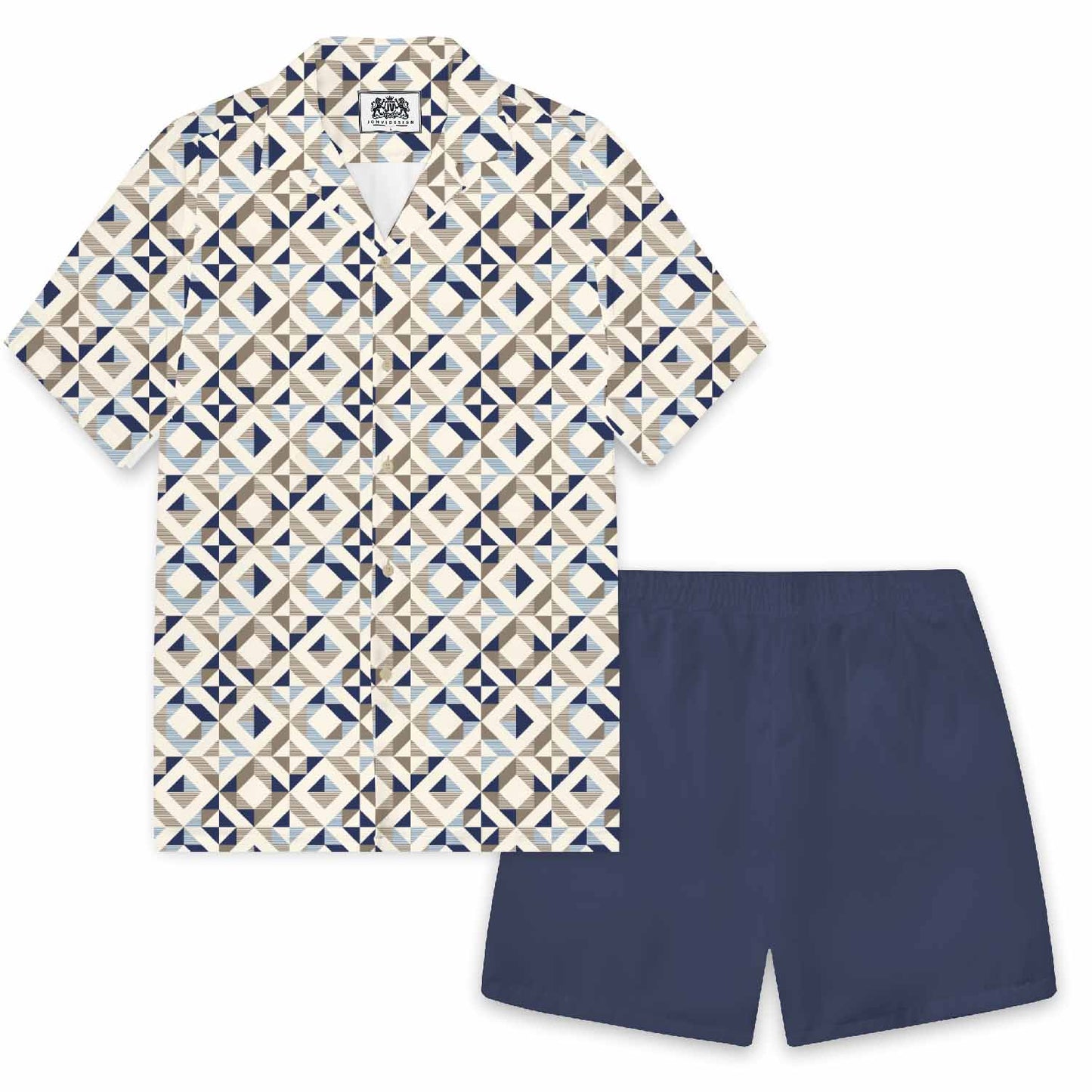 Geometric Square Print Camp Collar Short-Sleeved Shirt
