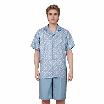 Blue Printed Elastic Waistband Summer Casual Shorts