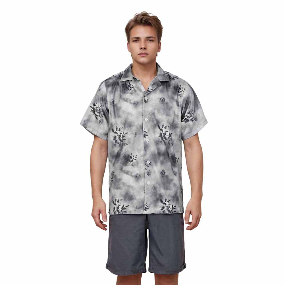 Gray Leaf Print Elastic Waistband Summer Casual Shorts
