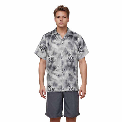 Gray Leaf Print Elastic Waistband Summer Casual Shorts