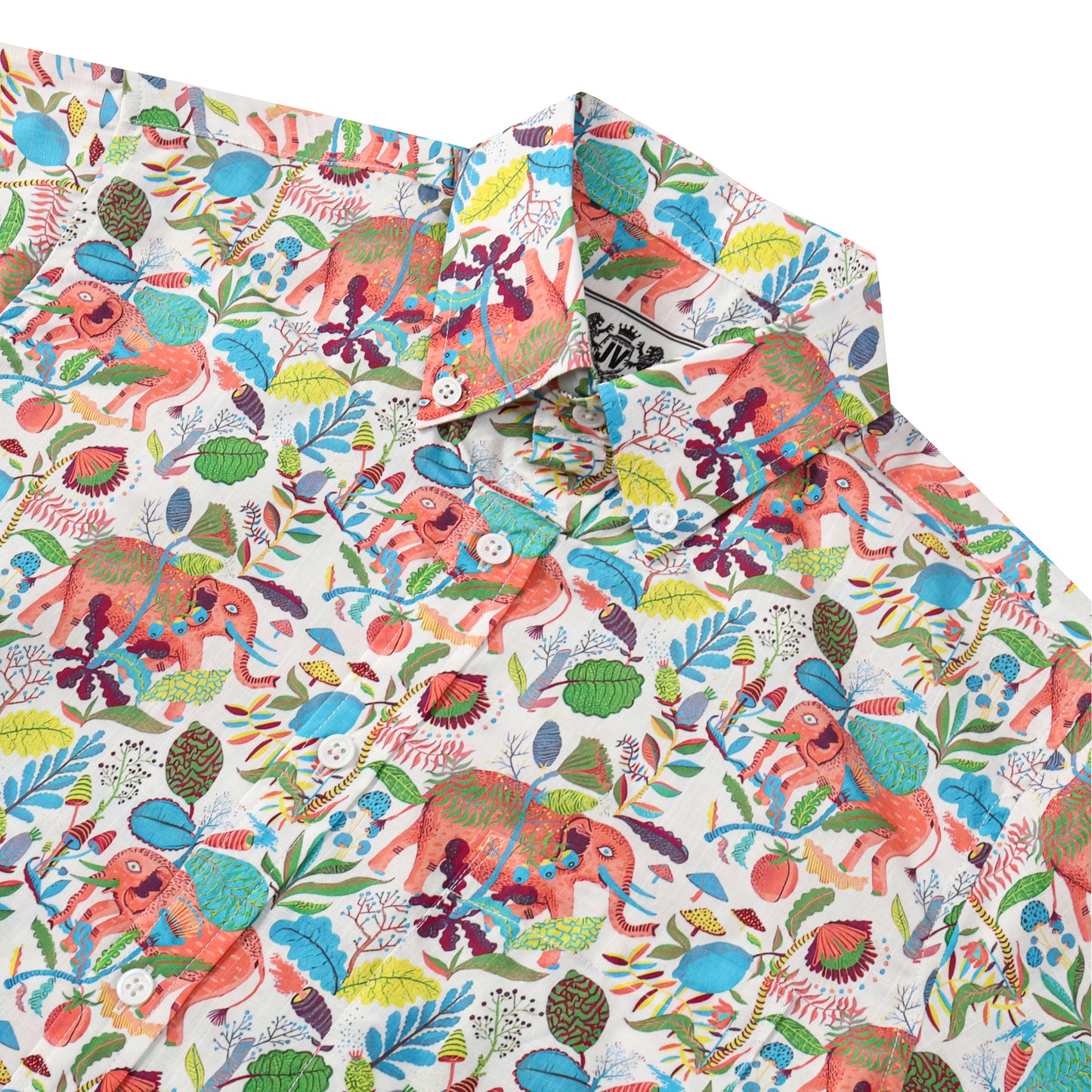 Elephant Floral Pattern Button Short Sleeve Shirt