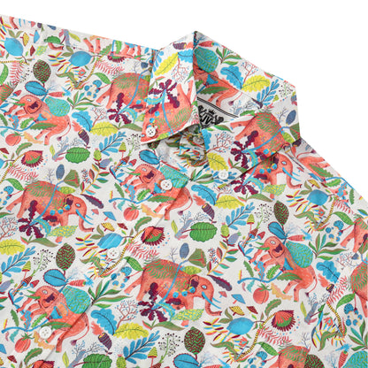 Elephant Floral Pattern Button Short Sleeve Shirt