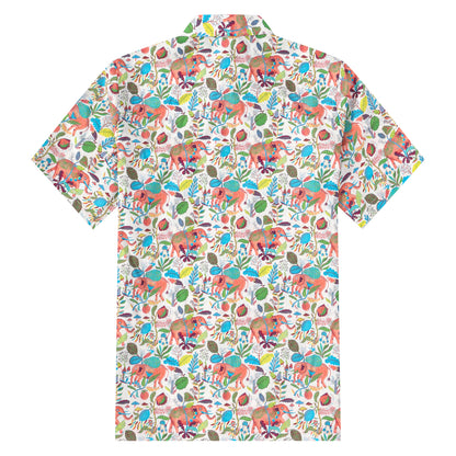 Elephant Floral Pattern Button Short Sleeve Shirt