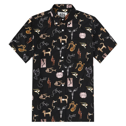 Black Print Button Short Sleeve Shirt