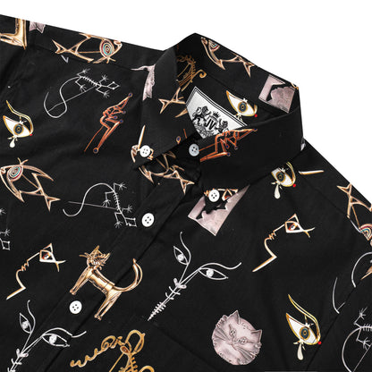 Black Print Button Short Sleeve Shirt