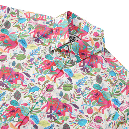 Elephant Floral Pattern Button Short Sleeve Shirt