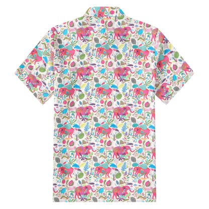 Elephant Floral Pattern Button Short Sleeve Shirt