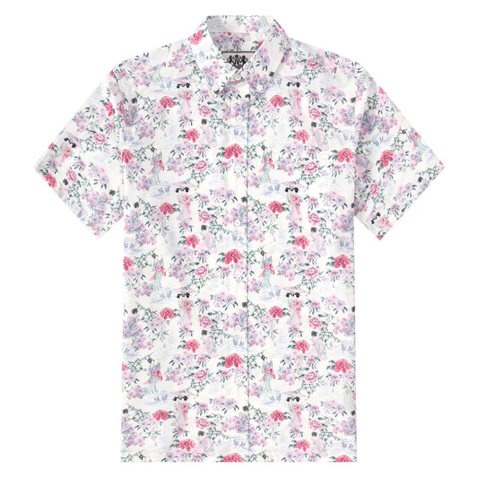 Ancient Female Floral Pattern Button Short Sleeve Shirt