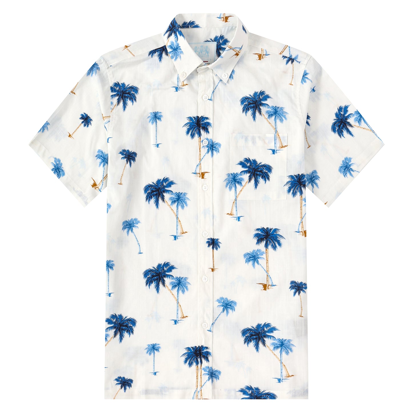 Blue Palm Tree Pattern Button Short Sleeve Shirt